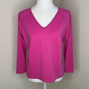 Rafaella Pink V-Neck Crystal Embellished Pullover Top. Medium